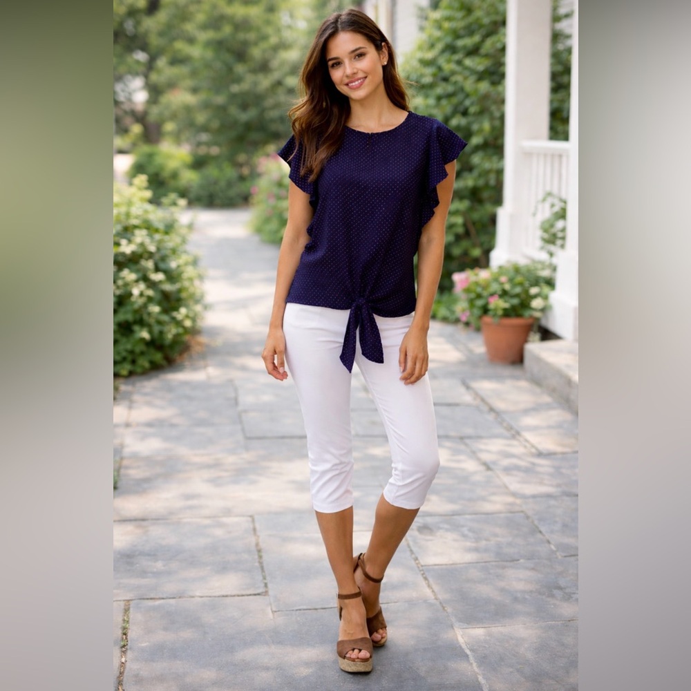 3/$20 deal! Monteau Navy and red Polka Dot tie front Top ruffle sleeve top M